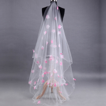 Brides wedding 3 m extra-long head yarn wedding gown tug trailing Korean head yarn head decorated with new pink petals