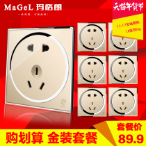 Circular Switch Socket Crystal Glass Panel Two Three Plugs 5 Hole Power Socket Metal Type 86 Set of 10