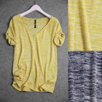 S005C 0703 minimalist comfortable V-collar straight cylinder type fine knit short sleeve head T-shirt