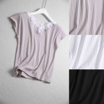 S050B 0703 delicate lace splicing straight cylinder type solid vertical stripe short sleeve head knit T-shirt