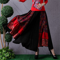 2021 Spring Joker New National Style 5 m Elegant Big Swing Dress Art Print Splice Skirt Vintage Long Skirt