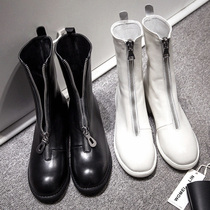 Guide boots front zipper leather thick heel middle tube black and white Martin boots women Net Red Ghost Emperor inner raised boots