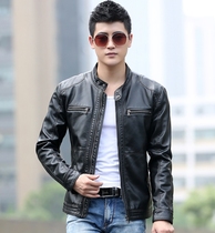 Spring wear new mens leather leather jacket Korean version of short collar locomotive casual youth men plus velvet leather jacket