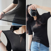 Elastic mask T2021 new summer autumn decoration body black slim short sleeve T-shirt female interior base shirt