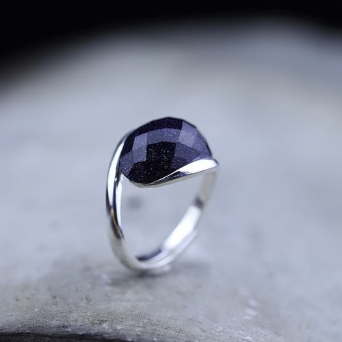 海船王s925纯银镶嵌切面蓝砂石简洁流线开口戒指新款女士指环手饰_7折