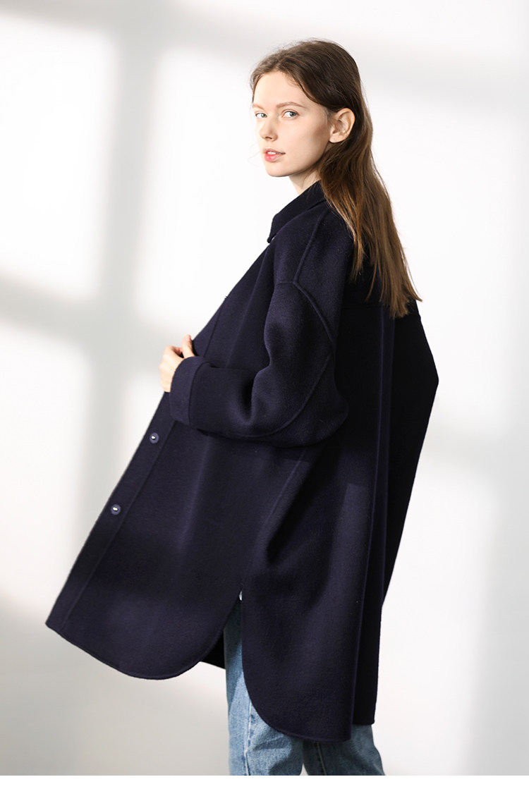秋冬新款高端女装手工羊毛双面呢翻领大口袋外套zhi81699藏蓝色