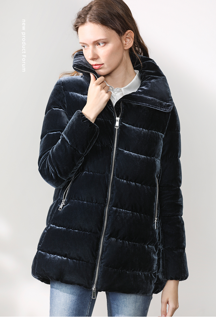 冬季新款简约风立领羽绒服女金丝绒复古港风加厚保暖外套81673
