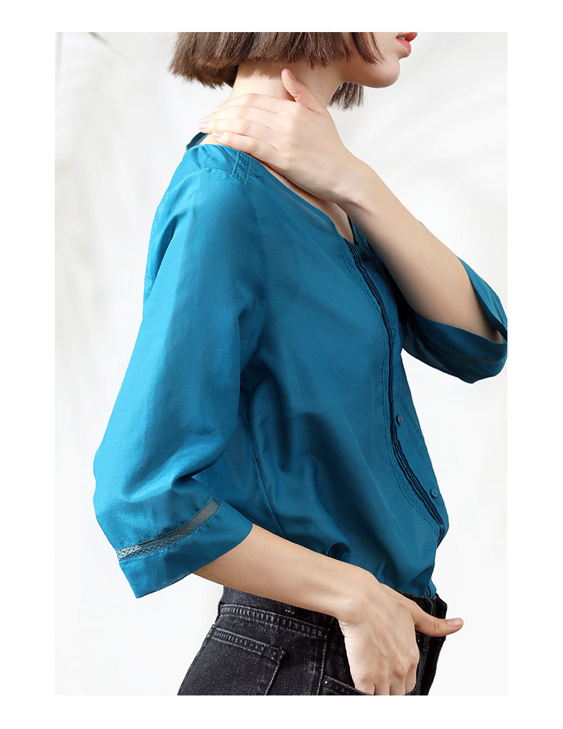 真丝丝棉衬衫女小众直筒显瘦七分袖v领时尚t恤女装上衣81188