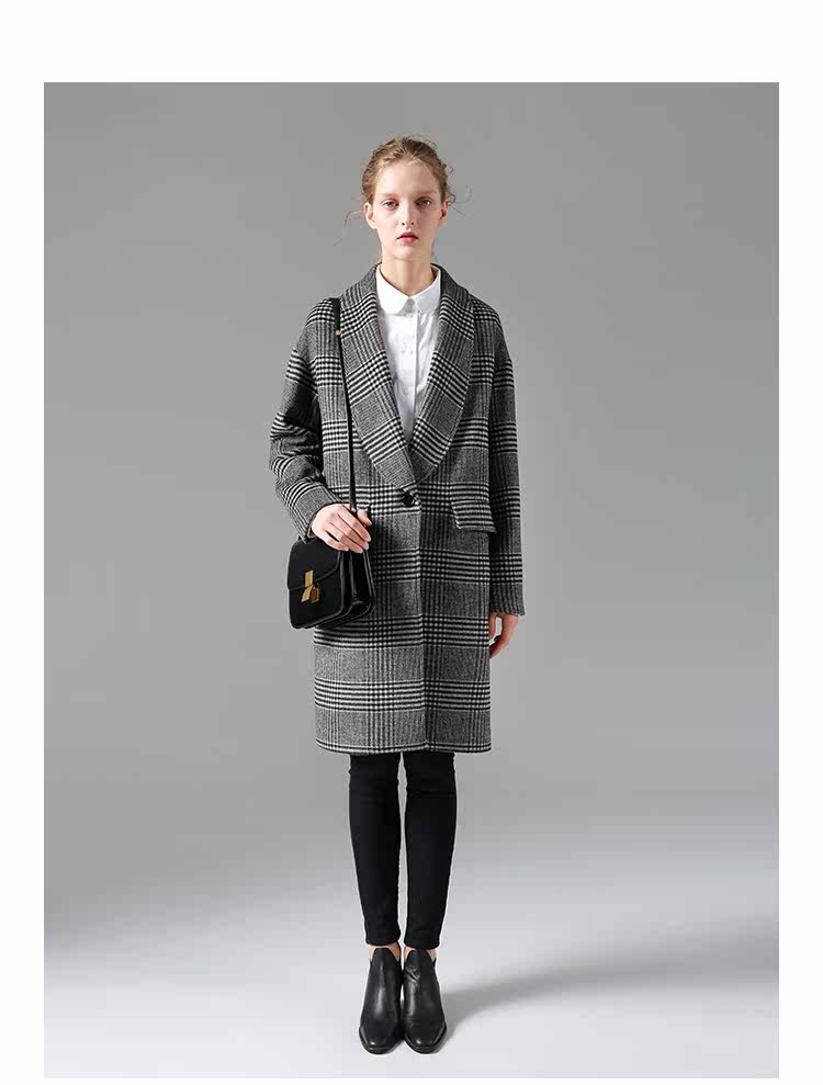 秋冬女装经典简约中长款长袖西装领格子羊毛毛呢外套ljg6745