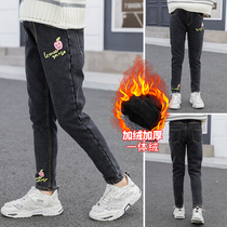 Girl gush pants outside wearing autumn and winter clothing foreign air 2021 new CUHK child jeans child integrated suede trousers
