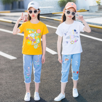 Girls  foreign style suit summer 2021 new big child fashionable short-sleeved childrens denim three-point pants two-piece set 12-year-old