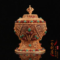 Nepalese court royal vase with copper gilt filigree inlaid with gemstone vase and gold utensils old objects