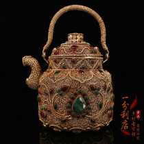 Antique Nepalese court royal liang wine pot copper gilt filigree inlaid gemstone gold teapot container old object