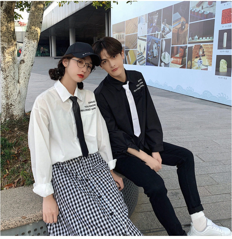 实拍 纯棉学院风领带衬衫男女学生jk黑白色长袖衬衣班服