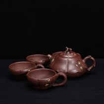 Taiwan Reflow old purple clay pot Early cultural Revolution one-factory famous Wang Yinxian handmade old purple clay plum blossom set pot