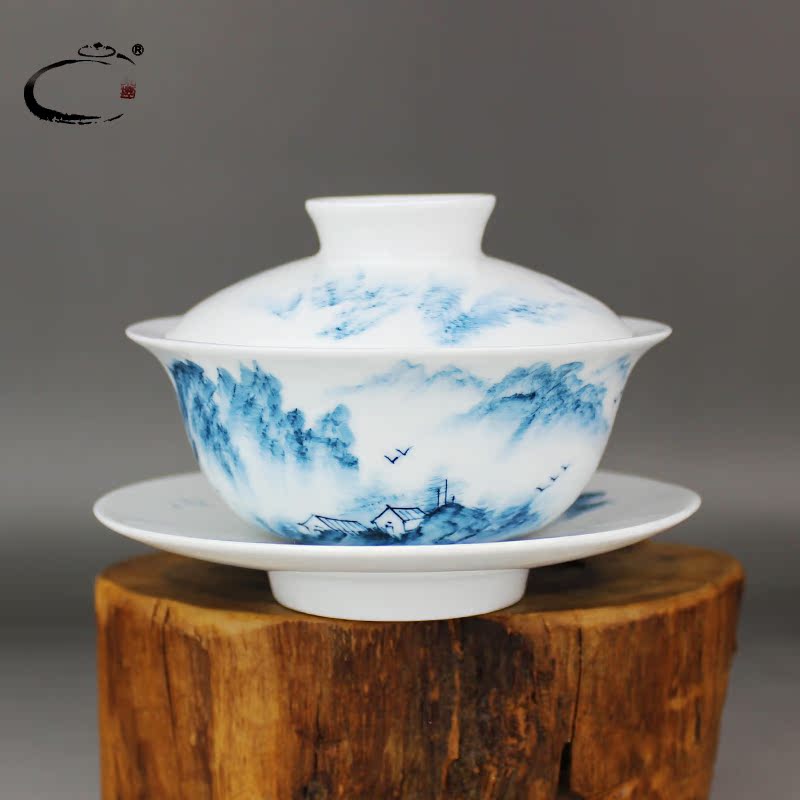 贵和祥青花山水大盖碗景德镇茶具功夫茶具陶瓷三才碗高端手工手绘_7折