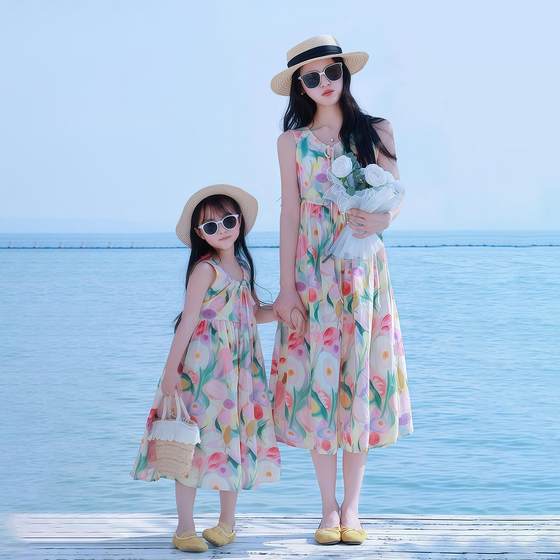 Seaside vacation parent-child dress mother-daughter dress 2025 new Sanya summer fashionable pure cotton girls skirt Seaside vacation parent-child dress mother-daughter dress 2025 new Sanya summer fashionable pure cotton girls skirt