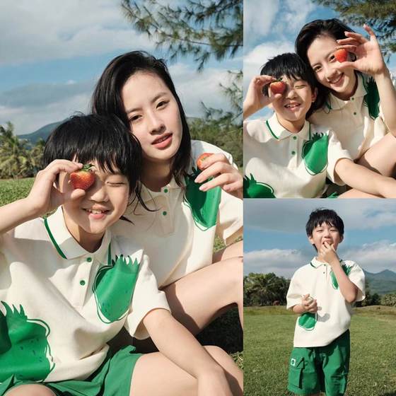 A beautiful photo taking parent-child outfit, mother and child 2024 new family of three, mother and daughter, stylish polo short sleeved set T-shirt A beautiful photo taking parent-child outfit, mother and child 2024 new family of three, mother and daughter, stylish polo short sleeved set T-shirt