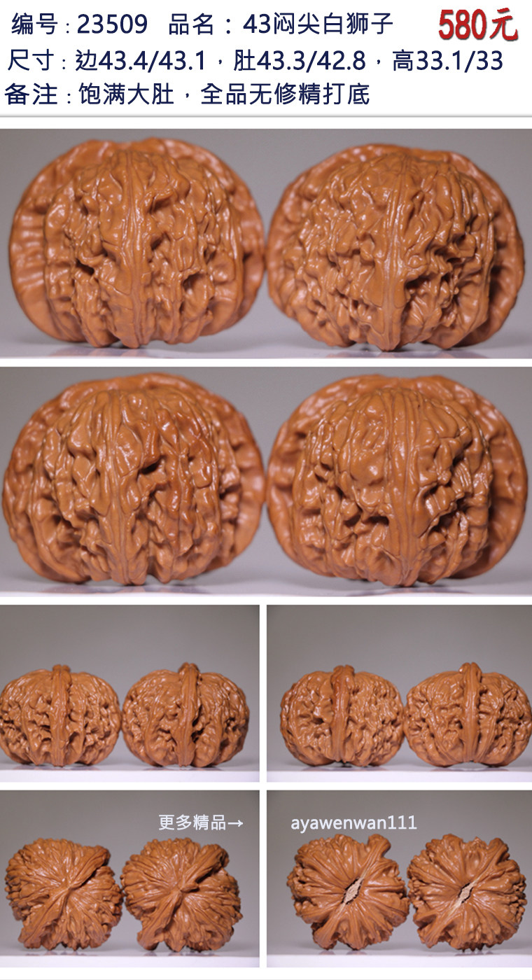 悶尖白獅子頭文玩核桃野生老樹悶白核桃三悶白精配收藏品