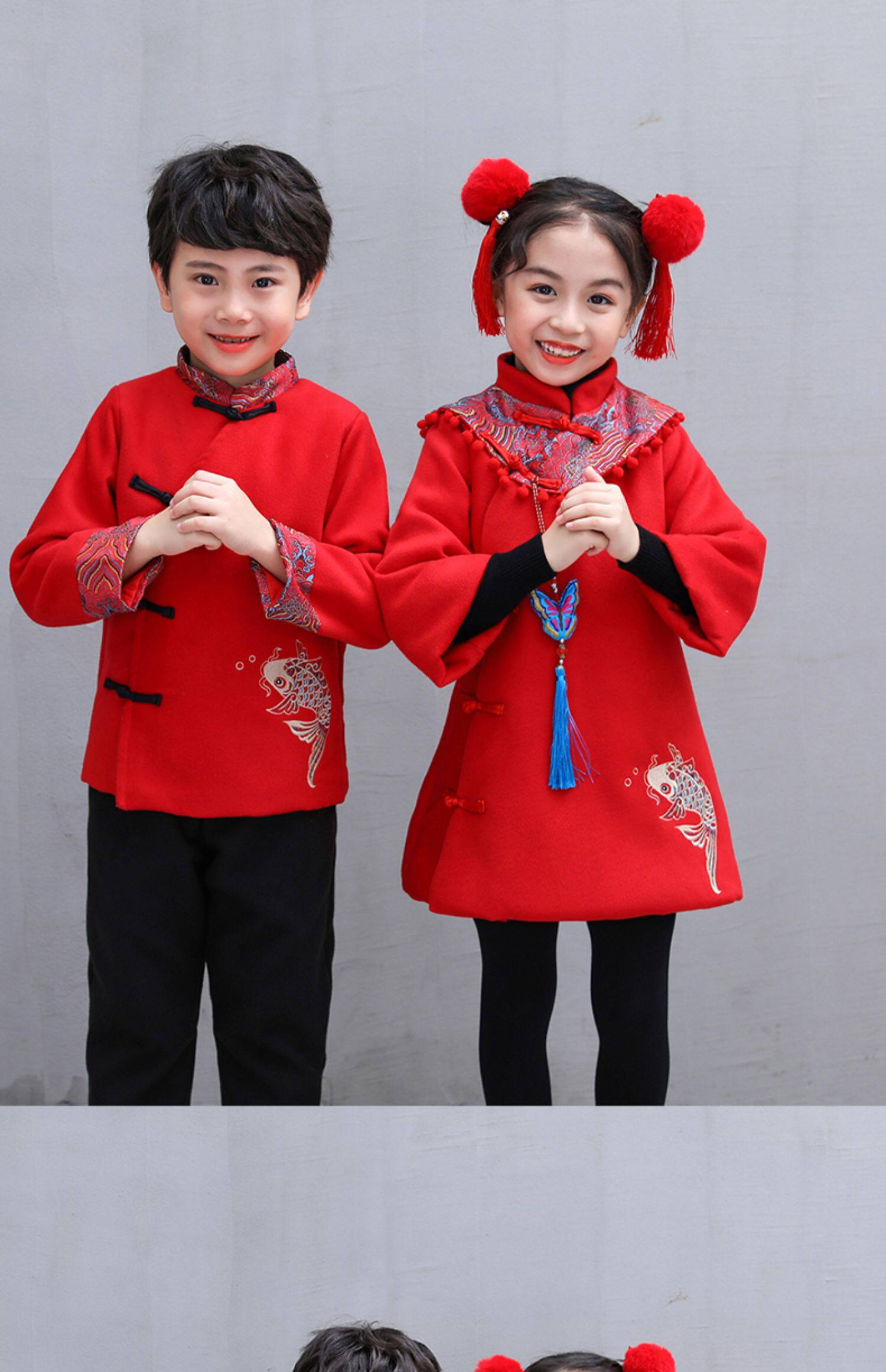 元旦儿童拜年服唐装宝宝女童中国风旗袍喜庆加绒加厚棉服新年套装_购