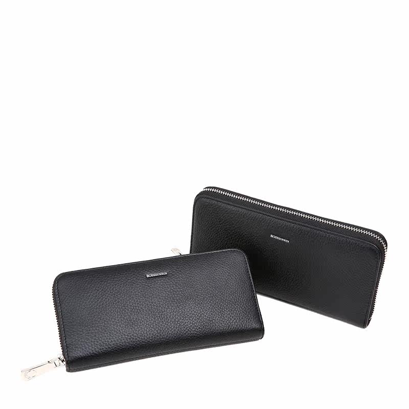 bosssunwen牛皮钱包男长款手包手抓包黑色荔枝纹质感拉链手拿包男