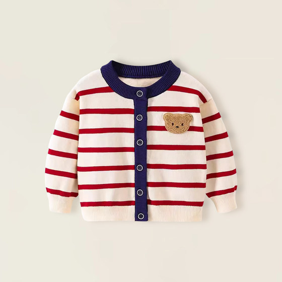 Baby knitted cardigan spring and autumn style boy baby round neck single layer A-type striped sweater knitted sweater button jacket
Baby knitted cardigan spring and autumn style boy baby round neck single layer A-type striped sweater knitted sweater button jacket
