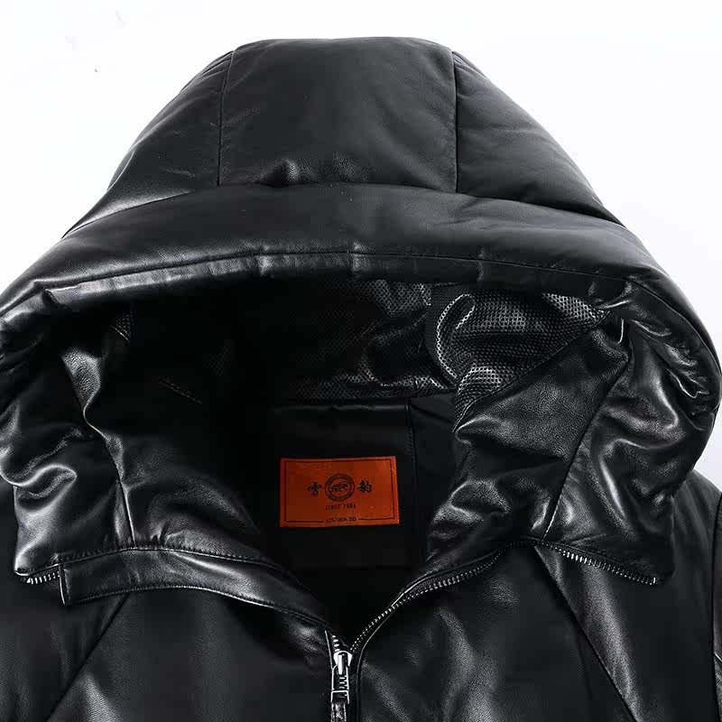 雪豹冬季新款海宁真皮羽绒服皮衣绵羊皮中长款连帽外套82293