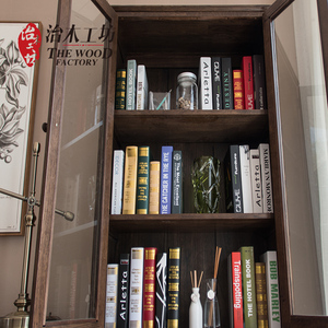 治木工坊纯实木玻璃书柜 美式环保黑胡桃色红橡木书架 乡村置物架