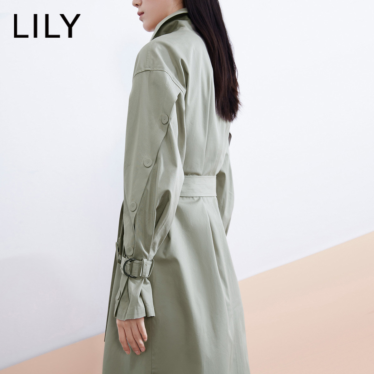lily秋季新款女装大翻领系带休闲长款风衣外套
