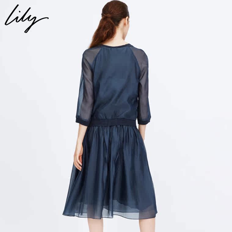 Lily秋新款女装修身蓬蓬裙纯色立体装饰连衣裙114310K7503