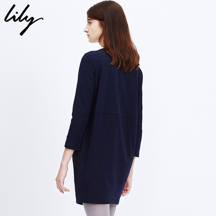 Lily2015冬新款女装长袖圆领刺绣植绒H型连衣裙115430A7325