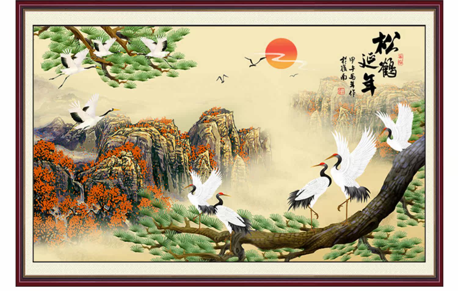 墙布画山水风景壁画中堂客厅家居背景墙装饰画芯松鹤延年 迎客松
