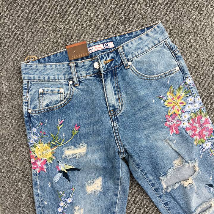 gucci刺繡牛仔褲a貨 超然牛仔褲2020春新款bf翻邊繡花九分褲寬松垮褲刺繡破洞牛仔褲女 gucci牛仔褲