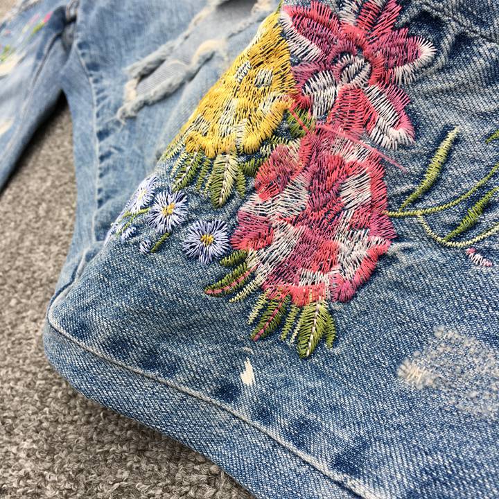 gucci刺繡牛仔褲a貨 超然牛仔褲2020春新款bf翻邊繡花九分褲寬松垮褲刺繡破洞牛仔褲女 gucci牛仔褲