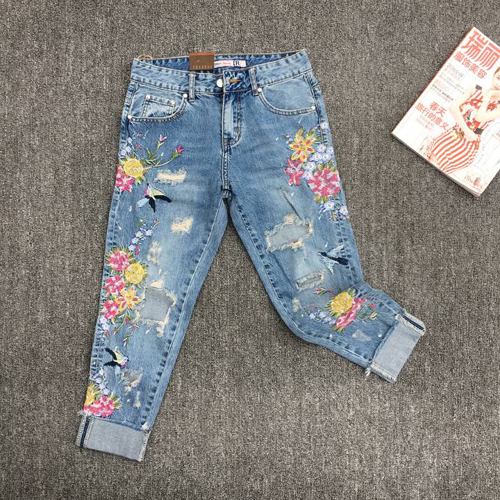 gucci刺繡牛仔褲a貨 超然牛仔褲2020春新款bf翻邊繡花九分褲寬松垮褲刺繡破洞牛仔褲女 gucci牛仔褲