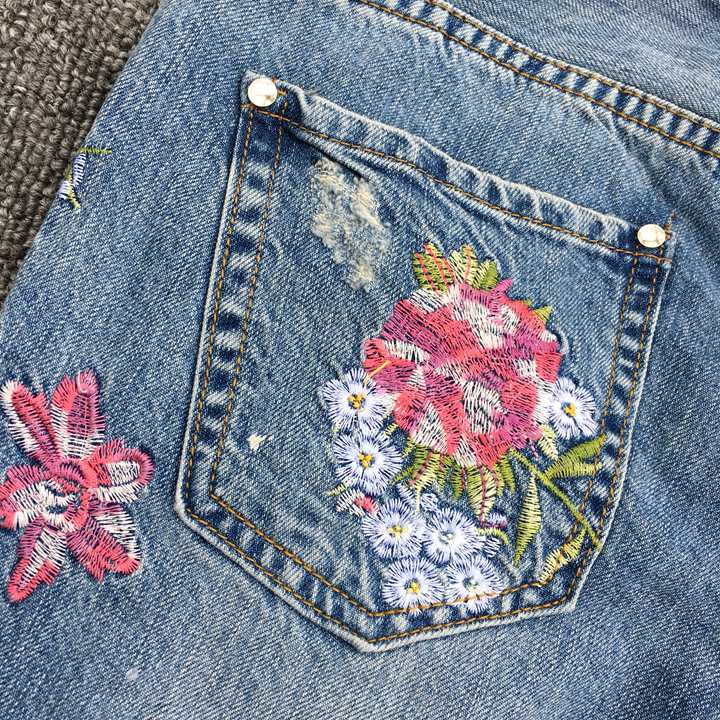 gucci刺繡牛仔褲a貨 超然牛仔褲2020春新款bf翻邊繡花九分褲寬松垮褲刺繡破洞牛仔褲女 gucci牛仔褲