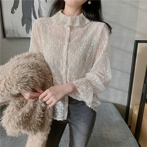 Korean lace long sleeve perspective sexy shirt