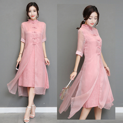 实拍春装夏季新款女装复古中国风改良旗袍真丝假两件连衣裙