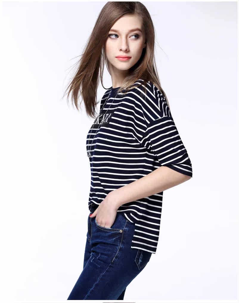 zk条纹拼接字母印花t恤女装夏季上衣百搭体恤衣服潮2016