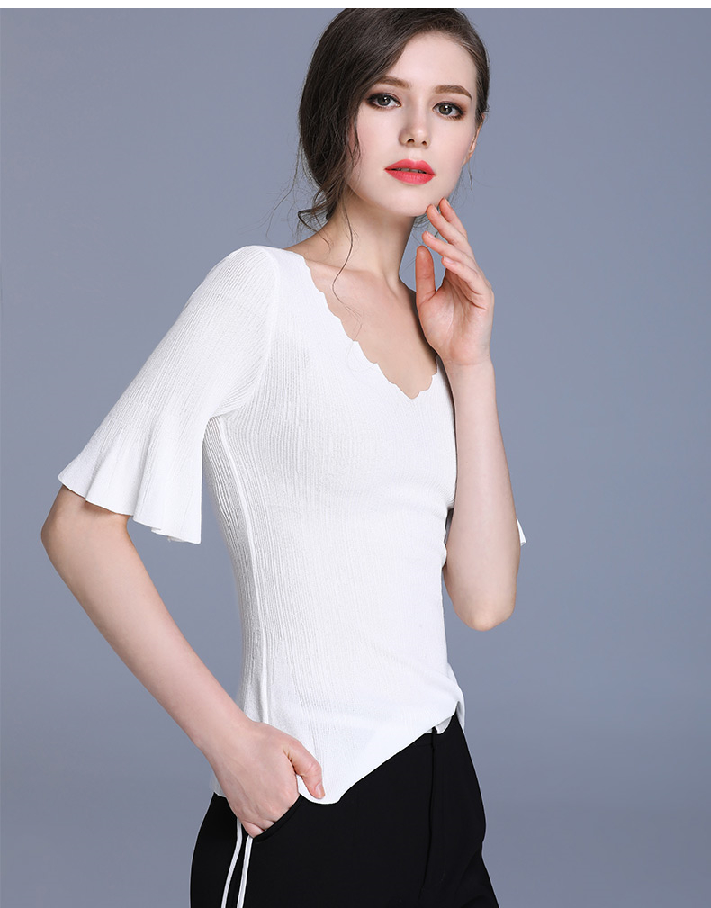 zk五分袖v领喇叭袖t恤女夏装2018新款半袖针织体恤修身显瘦衣服cb