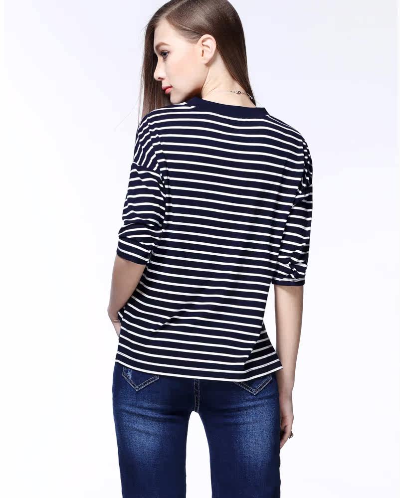 zk条纹拼接字母印花t恤女装夏季上衣百搭体恤衣服潮2016