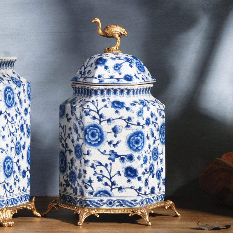 Spend the fox new Chinese blue and white porcelain with general copper pot sitting room porch TV ark, decoration furnishing articles