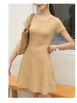 Mùa hè phong cách mới áo thun trơn mỏng ngắn tay với đầm cổ tròn, áo thun trơn màu nữ mỏng - váy đầm