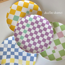 ins wind checkerboard plaid colored ceramic dinner plate sweet pint cake tray round flat disc steak pan swing for green