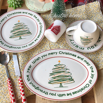 Original Homemade Ins Wind Red Green Color Christmas Tree Ceramic Cutlery Coffee Cup Saucepan Dish Sweet Pan Fish Dish