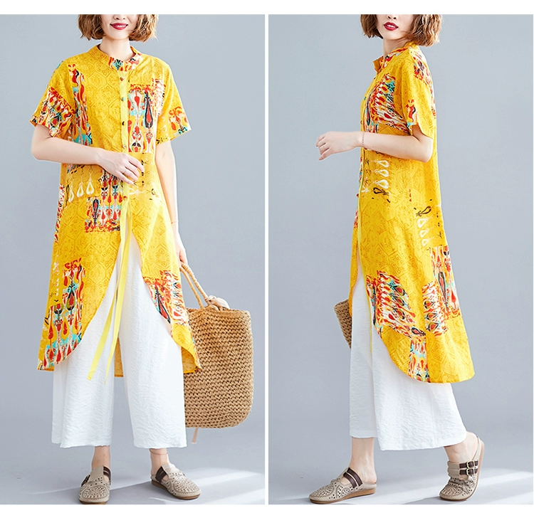 Mùa hè 2019 phong cách dân tộc mới của phụ nữ áo sơ mi hoa ngắn tay của phụ nữ retro áo sơ mi dài giữa lỏng lẻo vải cotton và vải lanh - Áo sơ mi