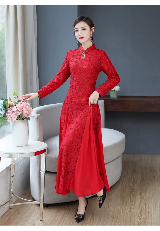 Mùa thu mới của phụ nữ Trung Quốc phong cách cổ điển áo dài là mỏng và cao cấp ren sườn xám cải tiến váy đỏ - Váy dài