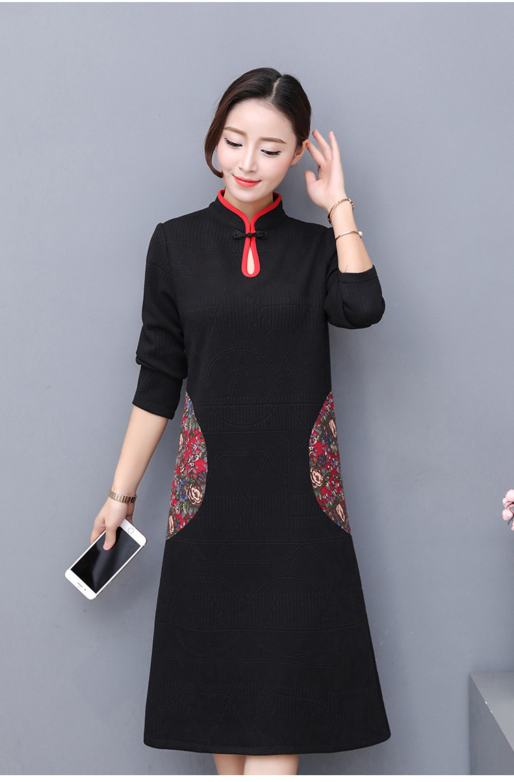 2017秋冬新款中国风女装日常改良旗袍冬女长袖连衣裙中长款旗袍裙