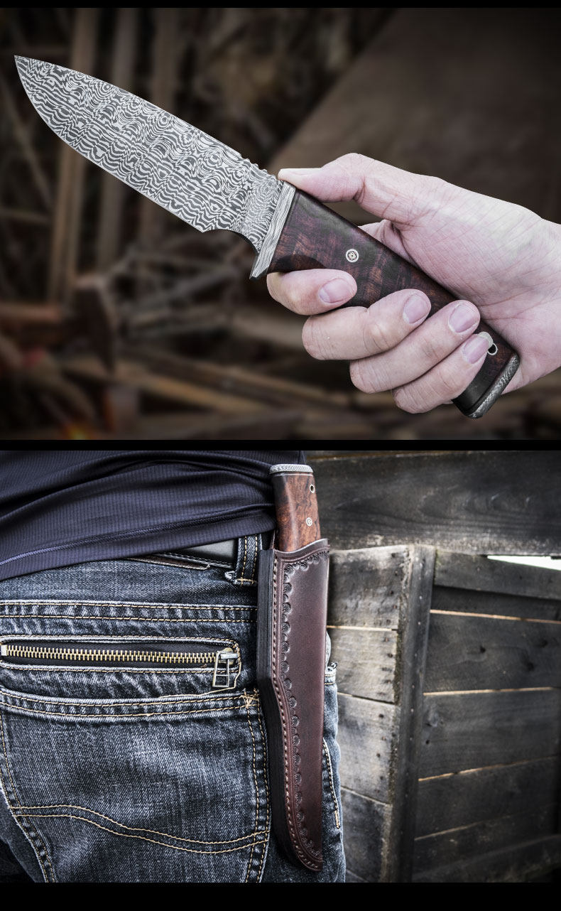 汉道鬼脸洛克大马士革钢刀高硬度野外求生军刀户外防身随身刀具