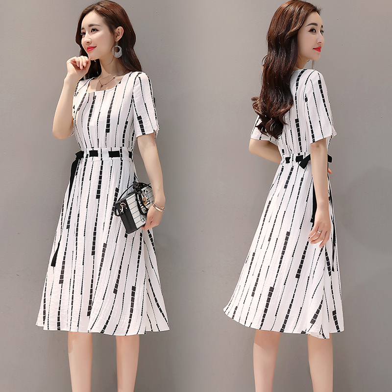 Han edition temperament short-sleeved dress 2019 summer wear the new female long accept waist printing the a-line skirt in summer summer
